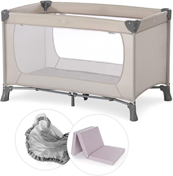 Hauck Baby Reisebett Set Dream n Play mit extra Alvi Komfort Matratze und Moskitonetz – faltbares Kinder Babyreisebett mit Tasche – Beige