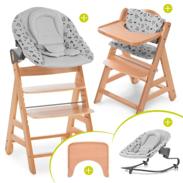Hauck Hochstuhl »Alpha Move Natur Newborn Set« (5 Stück), Holz Hochstuhl ab Geburt, Neugeboreneneinsatz & Wippe Premium, Essbrett, Sitzpolster…