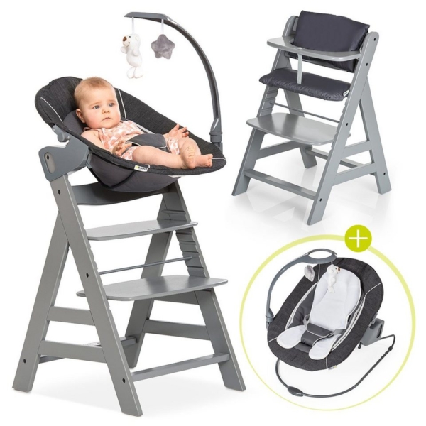 Hauck Hochstuhl »Alpha Plus Grau – Newborn Set« (4 Stück), Holz Hochstuhl ab Geburt + Neugeboreneneinsatz & Wippe Deluxe + Sitzpolster