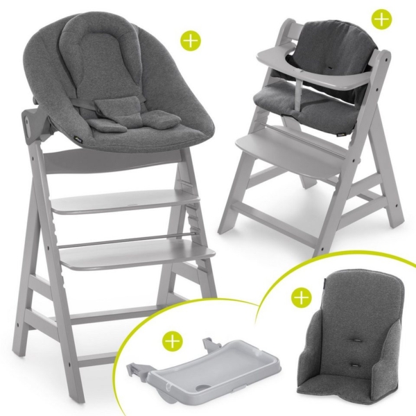 Hauck Hochstuhl »Alpha Plus Grau XXL Newborn Set« (6 Stück), Holz Hochstuhl ab Geburt, Neugeboreneneinsatz & Wippe Premium, Alpha Tray, Sitzpolster…