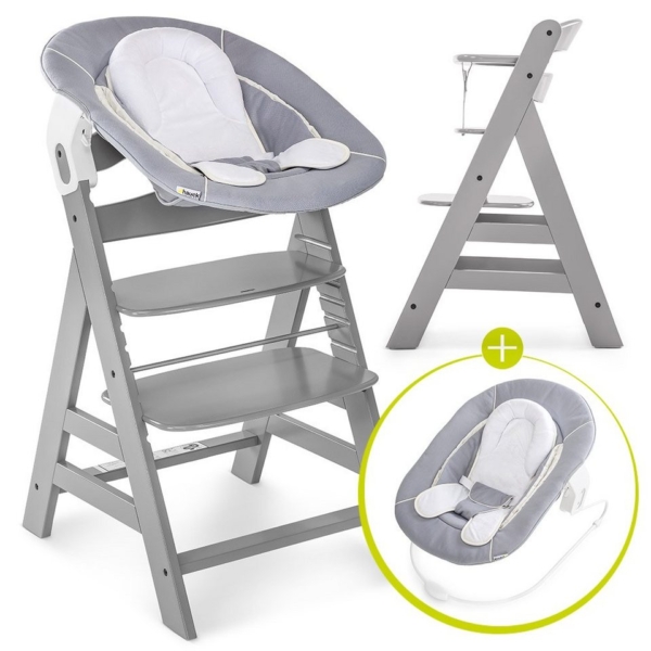 Hauck Hochstuhl »Alpha Plus Grey – Newborn Set« (4 Stück), Holz Hochstuhl ab Geburt + Neugeboreneneinsatz & Wippe