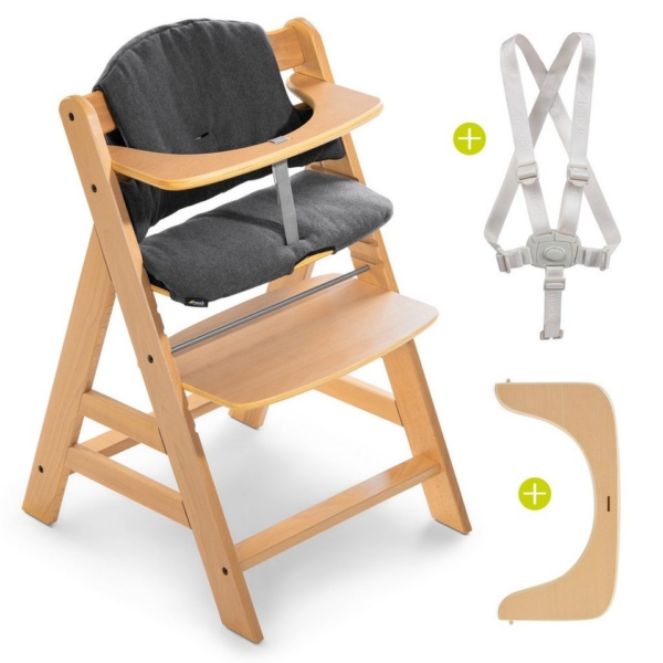 Hauck Hochstuhl »Alpha Plus Natur« (2 Stück), Mitwachsender Holz Treppenhochstuhl mit Schutzbügel, Sitzauflage und Gurt