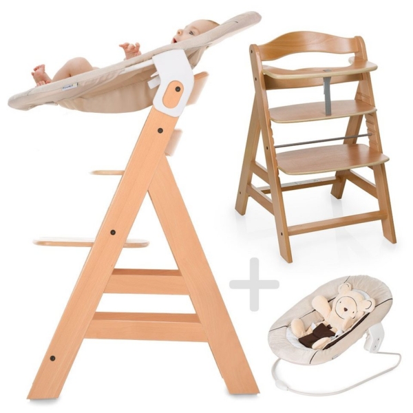Hauck Hochstuhl »Alpha Plus Natur – Newborn Set« (4 Stück), Holz Hochstuhl ab Geburt + Neugeboreneneinsatz & Wippe