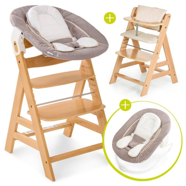 Hauck Hochstuhl »Alpha Plus Natur – Newborn Set« (4 Stück), Holz Hochstuhl ab Geburt + Neugeboreneneinsatz & Wippe Stretch Beige + Sitzpolster