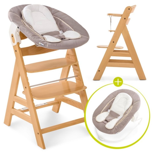 Hauck Hochstuhl »Alpha Plus Natur – Newborn Set« (4 Stück), Holz Hochstuhl ab Geburt + Neugeboreneneinsatz & Wippe