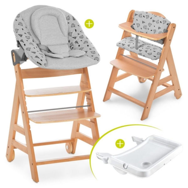 Hauck Hochstuhl »Alpha Plus Natur XL Newborn Set« (5 Stück), Holz Hochstuhl ab Geburt, Neugeboreneneinsatz & Wippe Premium Nordic Grey, Alpha Tray…