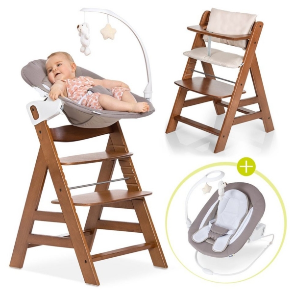 Hauck Hochstuhl »Alpha Plus Walnut – Newborn Set« (4 Stück), Holz Babystuhl ab Geburt mit Liegefunktion – inkl. Aufsatz für Neugeborene, Sitzpolster