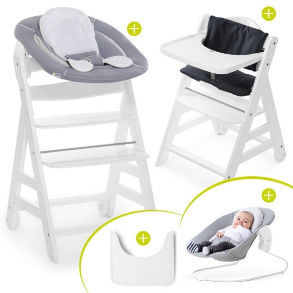 Hauck Hochstuhl »Beta Plus White Newborn Set« (5 Stück), Holz Hochstuhl ab Geburt, Neugeboreneneinsatz & Wippe, Essbrett, Sitzpolster Stretch Grey