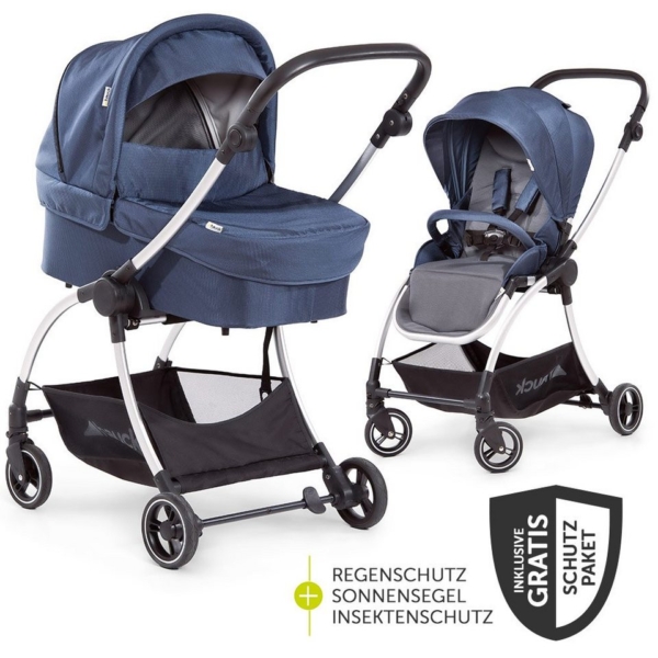 Hauck Kombi-Kinderwagen »Eagle 4S Duoset – Denim Grey«, (7-tlg), inkl. Sportwagen, Babywanne, Beindecke und XXL Zubehörpaket