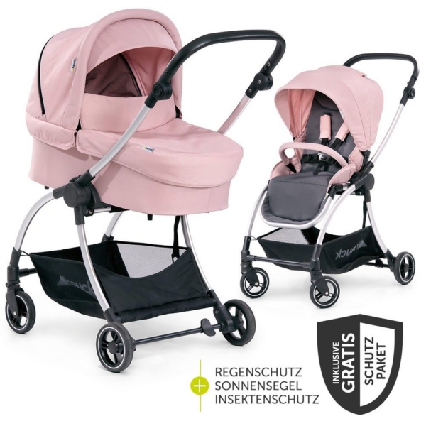 Hauck Kombi-Kinderwagen »Eagle 4S Duoset – Pink Grey«, (7-tlg), inkl. Sportwagen, Babywanne, Beindecke und XXL Zubehörpaket