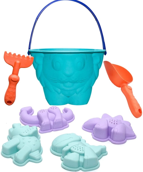Holady 7 Stück Weichplastik Lion Beach Toys Badespielzeug für Kinder, Sandspielzeug Eimer Rechen Schaufel Set, Strand Dinosaurier Anzug Formen…