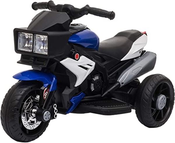 HOMCOM Elektrofahrzeug Kindermotorrad Kinderfahrzeug mit Musik und Beleuchtung Elektro-Dreirad mit Akku 3-6 Jahre Stahl Blau+Weiß 86x42x52 cm
