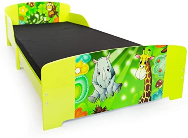 Homestyle4u 1212, Kinderbett 90×200 cm, Spielbett Dschungel Tiere, Holz Grün Bunt