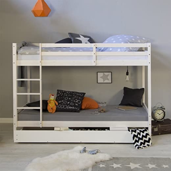 Homestyle4u 1432, Etagenbett für Kinder, Bettgestell Mit Leiter Bettkasten, Massivholz Kiefer, Weiß, 90×200 cm