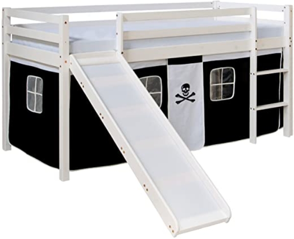Homestyle4u 1542, Kinder Hochbett Mit Rutsche, Leiter, Vorhang Pirat Schwarz Weiss, Massivholz Kiefer Weiß, 90×200 cm