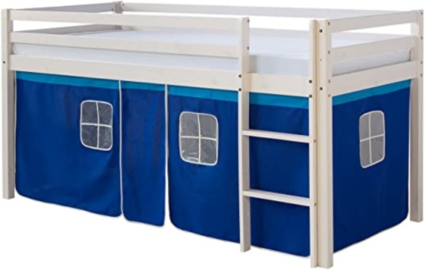 Homestyle4u 519, Kinder Hochbett Mit Leiter, Vorhang Blau, Massivholz Kiefer Weiß, 90×200 cm
