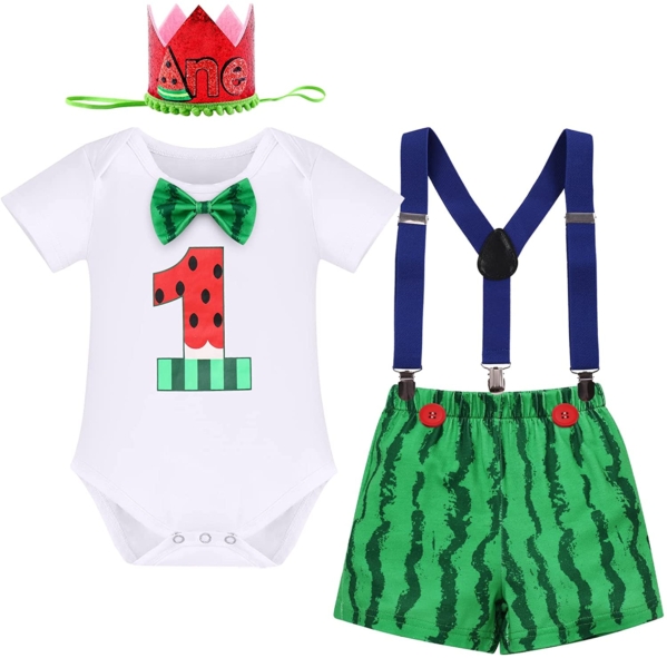 IBAKOM Baby Jungen Mein 1. Geburtstag Outfit Kurzarm Baumwolle Strampler Body + Bloomer Shorts + Hosenträger + Stirnband 4tlg Sommer Babykleidung…