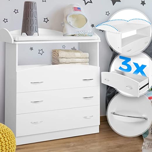 Infantastic® Wickelkommode – inkl. 3 großen Schubladen und Fach, LxBxH 85x71x96 cm, Weiß – Wickelschrank, Wickeltisch Aufsatz, Wickelaufsatz, Baby…