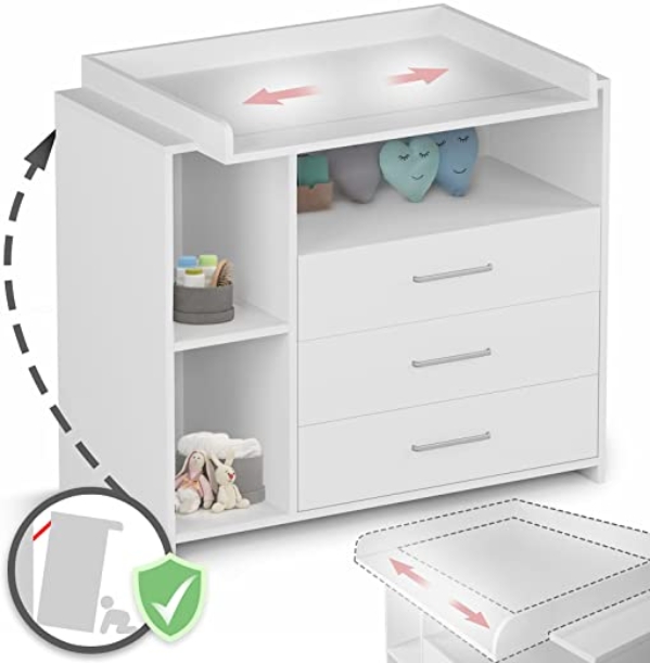 Infantastic® Wickelkommode mit 3 Schubladen und 3 Fächern – ca. 113 x 53 x 101,6 cm, inkl. Wickelaufsatz Abnehmbar, Weiß – Baby Kommode,…