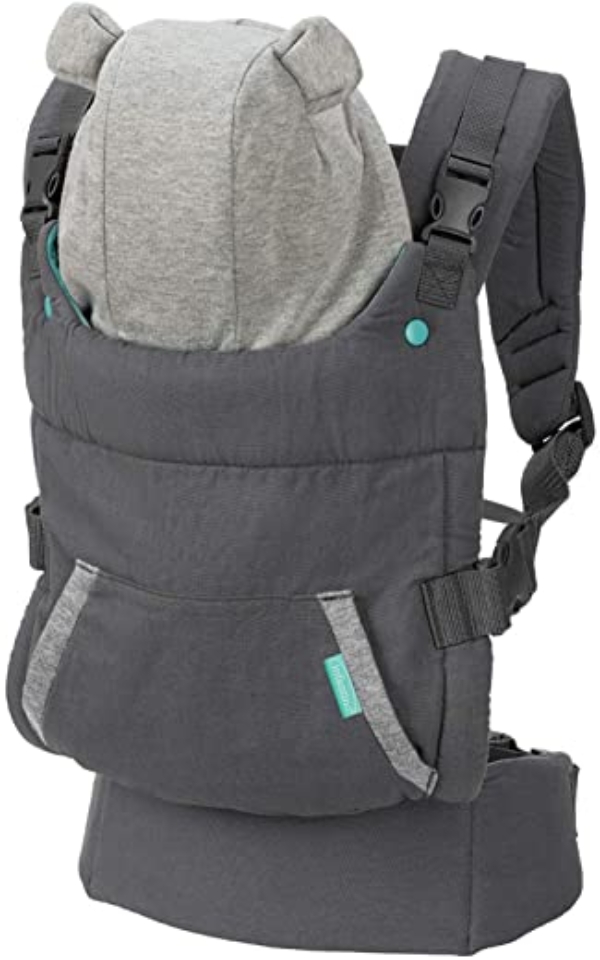 Infantino Cuddle Up Babytrage – Ergonomische Babytrage mit Teddy-Kapuze und verstellbaren Schultergurten – Für Säuglinge und Kleinkinder von 5,4-18 kg
