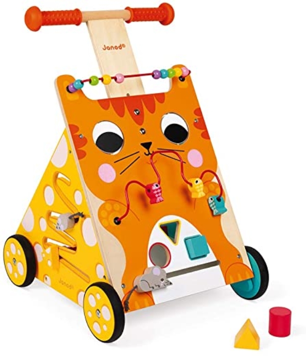 Janod Baby Lauflernhilfe ‘Katze’ – Holzspielzeug, Laufwagen für Draußen – Baby Walker mit Bremse und höhenverstellbarem Griff – Spielend Laufen…