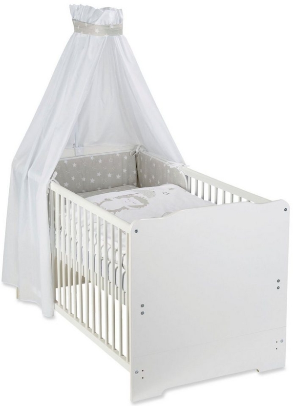 Julius Zöllner Komplettbett »weiß, Sternenregen grau/weiß«, 7-tlg., inkl. Babybett, Matratze, Lattenrost, Himmelstange mit Himmel, Nestchen und…