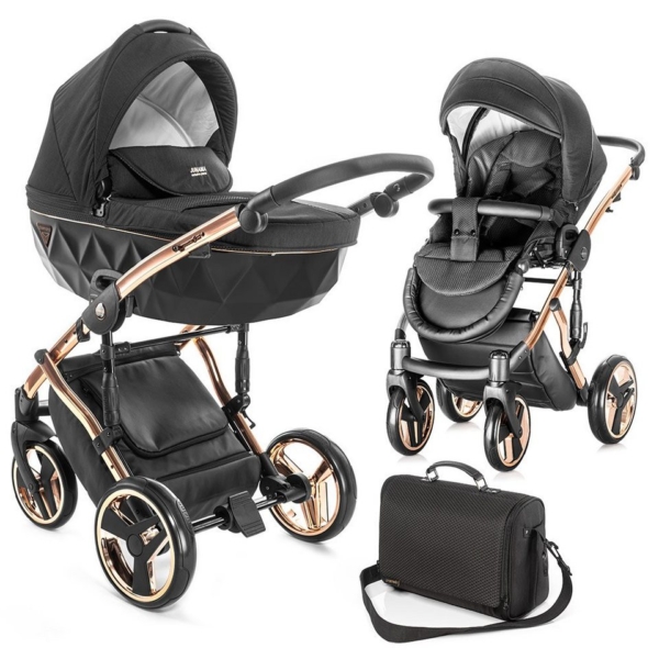 Junama Kombi-Kinderwagen »Diamond Individual – Schwarz Rosegold«, (9-tlg), 2in1 Kinderwagen Buggy Set inkl. Babywanne, Sportsitz, Wickeltasche &…