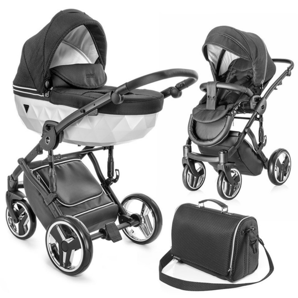 Junama Kombi-Kinderwagen »Diamond Mirror – Satin Hellgrau«, (9-tlg), 2in1 Kinderwagen Buggy Set inkl. Babywanne, Sportsitz, Wickeltasche & Regenschutz
