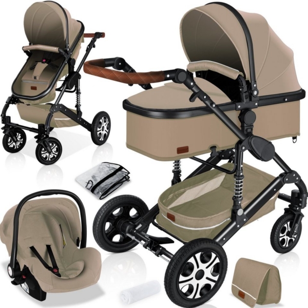 KESSER Kombi-Kinderwagen, Komplettset inclusive Babywanne & Buggy Sportsitz & Auto-Babyschale – Voll-Gummireifen – Wickeltasche / Regenschutz /…