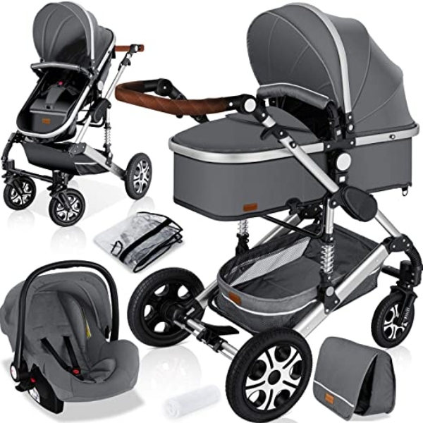 KESSER® Loops 3 in 1 Kinderwagen Kombikinderwagen komplettset incl. Babywanne & Buggy Sportsitz & Auto-Babyschale – Voll-Gummireifen -…