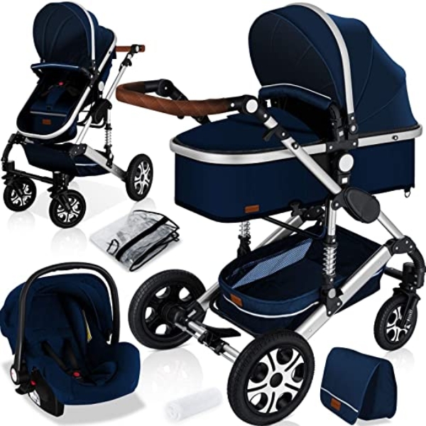 KESSER® Loops 3 in 1 Kinderwagen Kombikinderwagen komplettset incl. Babywanne & Buggy Sportsitz & Auto-Babyschale – Voll-Gummireifen -…