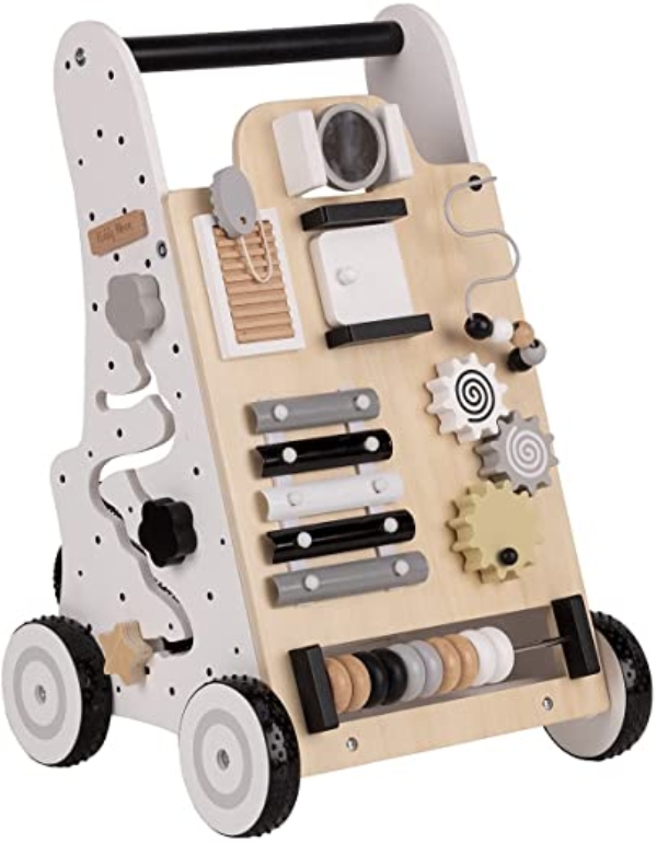 KiddyMoon Lauflernwagen Holz Lauflernhilfe Spaß für Kinder Multifunktion WK-001, Schwarz – Weiß