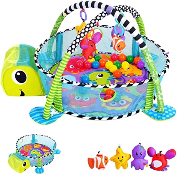 KINDEREO 3in1 Schildkröte Erlebnisdecke, Bällebad, Krabbeldecke, Spielbogen, Spieldecke, Lernmatte