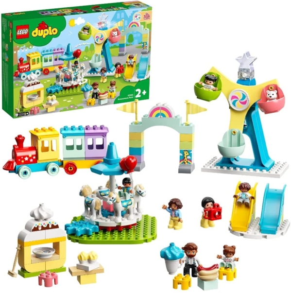 LEGO 10956 DUPLO Erlebnispark, Kinderspielzeug ab 2 Jahre mit Jahrmarkt und Zug