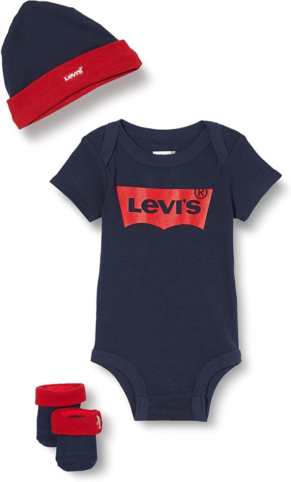 Levi’s Kids Classic Batwing Infant Hat, Bodysuit, Bootie Set 3pc 0019 Baby- und Kleinkind-Babyausstattung – Baby – Jungen