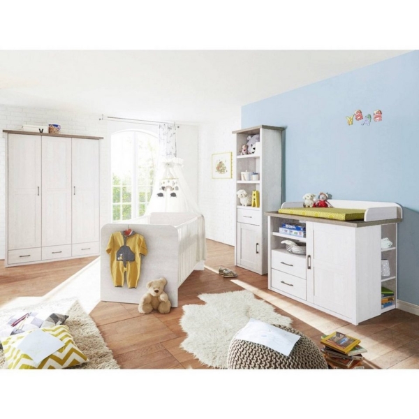 Lomadox Babyzimmer-Komplettset »LUND-78«, Babymöbel 4er-Set im Landhausstil in Pinie weiß Nb./Trüffel Eiche Nb.