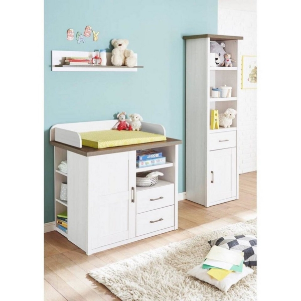 Lomadox Babyzimmer-Komplettset »LUND-78«, Babyzimmer Möbel im Landhaus Design, Pinie weiß Nb./Trüffel Eiche Nb.