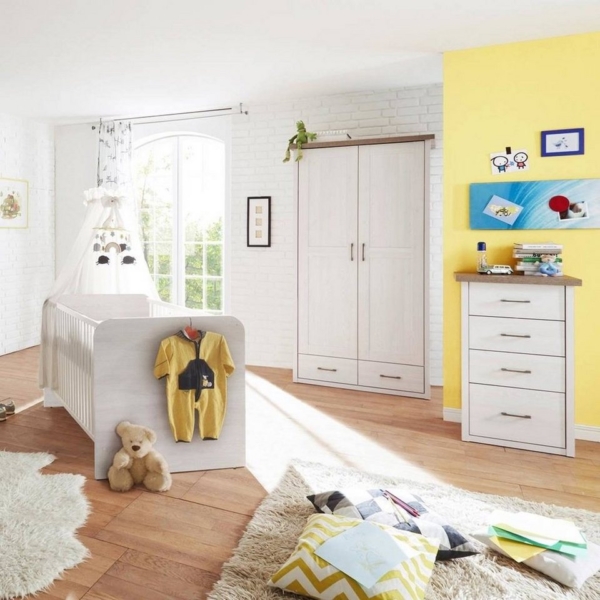 Lomadox Babyzimmer-Komplettset »LUND-78«, Babyzimmer Möbel im Set, Landhaus Design, Pinie weiß Nb./Trüffel Eiche Nb.