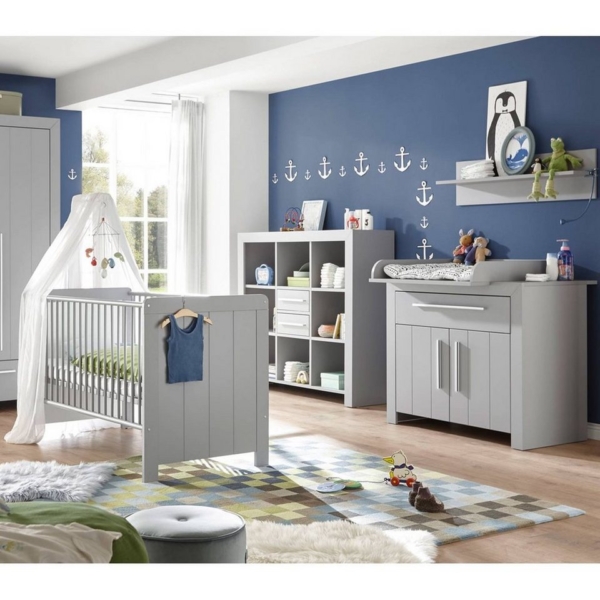 Lomadox Babyzimmer-Komplettset »NIKOSIA-78«, (4-tlg), Komplett Set Babyzimmer mit Gitterbett in Arktisgrau
