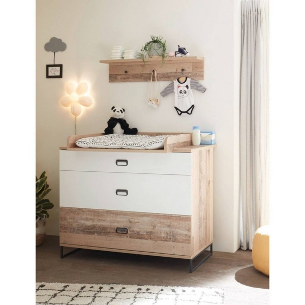 Lomadox Babyzimmer-Komplettset »ROANNE-78«, (2-tlg), Wickeltisch Set mit Wandboard in Eiche Old Style hell / weiß, B/H/T: ca. 120/180/78 cm