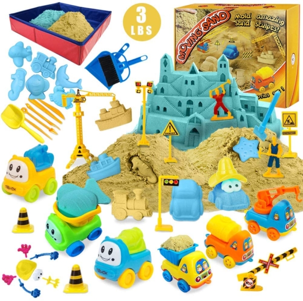 Magic Sand Kit – Spielsand Baukasten 3lbs Sand mit 2 Farben, 6 Mini Baufahrzeuge, Bauspielzeug und Schilder, Tierform, Modellierwerkzeuge,…