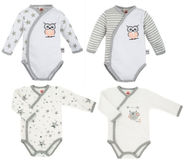 Makoma Langarmbody »Baby Body Wickelbody für Jungen & Mädchen Teddy & Eule« (Set, 4-tlg., 4er-Pack) 100% Baumwolle