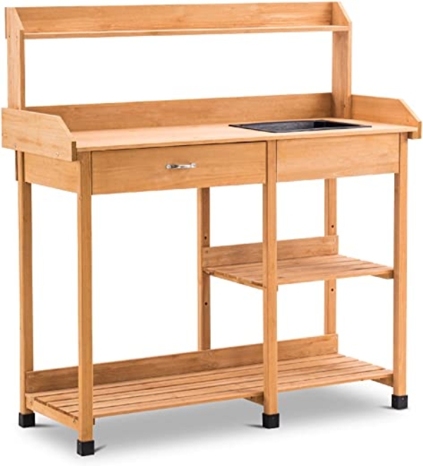 MCombo Pflanztisch Gärtnertisch Blumentisch 0458 mit Waschbecken Schublade und Ablagefläche Wetterfest Holz, 115 x 45 x 121 cm Natur
