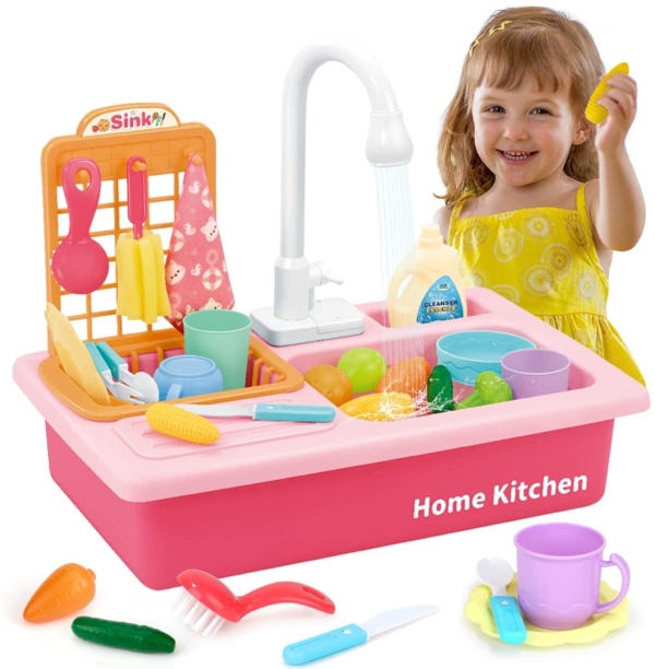 Mini Tudou Spülbecken-Spielzeug-Set,Spüle Spielen mit Fließendes Wasser Elektrische Spülmaschine,Küchenutensilien,Rollenspiel…