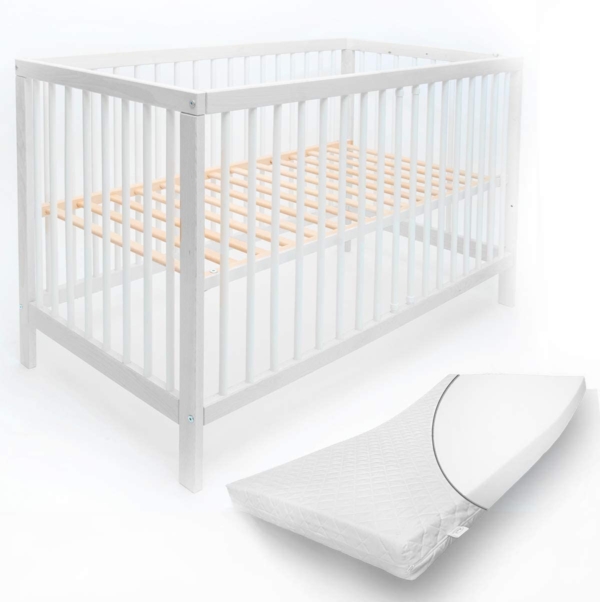 Mitwachsendes Babybett 70×140 cm Toni aus hochwertiger Buche, mit Schlupfsprossen und Matratze ohne Schublade in weiß