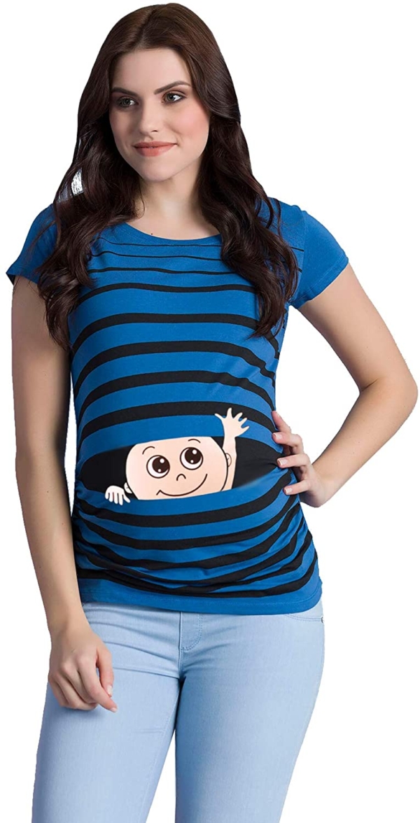 M.M.C. Winke Winke Baby – Lustige witzige süße Umstandsmode gestreiftes Umstandsshirt mit Motiv für die Schwangerschaft Schwangerschaftsshirt, Kurzarm