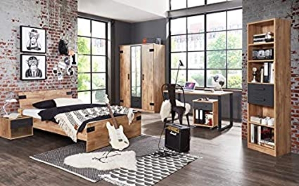 möbel-direkt Jugendzimmer Liverpool in Plankeneiche mit Absetzungen in Graphit 6 teiliges Komplettset mit Schrank, 140er Bett, Nachttisch,…