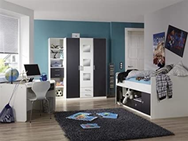 möbel-direkt Jugendzimmer Rocco in Alpinweiß und Graphit 4 Teile mit Kleiderschrank, Funktionsbett, Schreibtisch und Regal