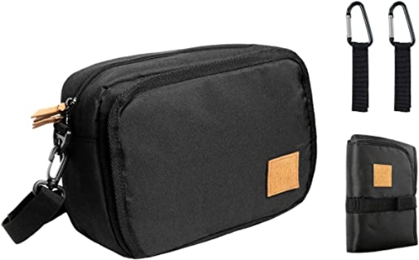 MUMAI Baby Wickeltasche klein, Kinderwagen Organizer inklusive Wickelunterlage und Kinderwagenhaken perfekt für unterwegs, Windeltasche schwarz unisex