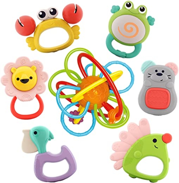 Nene Toys 7-teiliges Set Baby-Beißspielzeug Tiere entdecken mit 6 Babyrasseln/Beißringen und 1 Premium-Beißring/Sensorik-Spielzeug, BPA-freies…